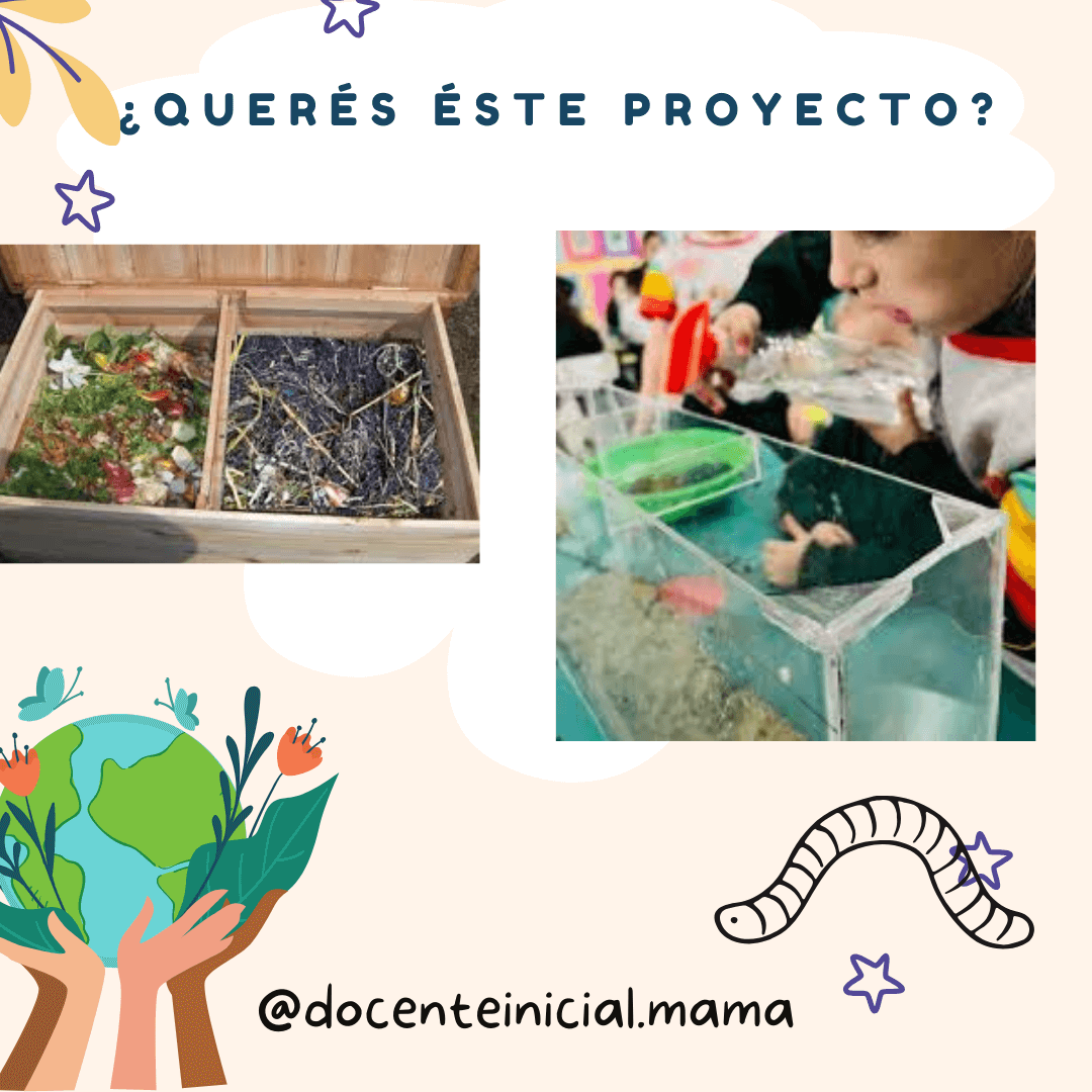 Dos imágenes muestran una caja de compost con restos orgánicos y una escena de niños observando un recipiente transparente con material del proyecto, junto a una lombriz dibujada.