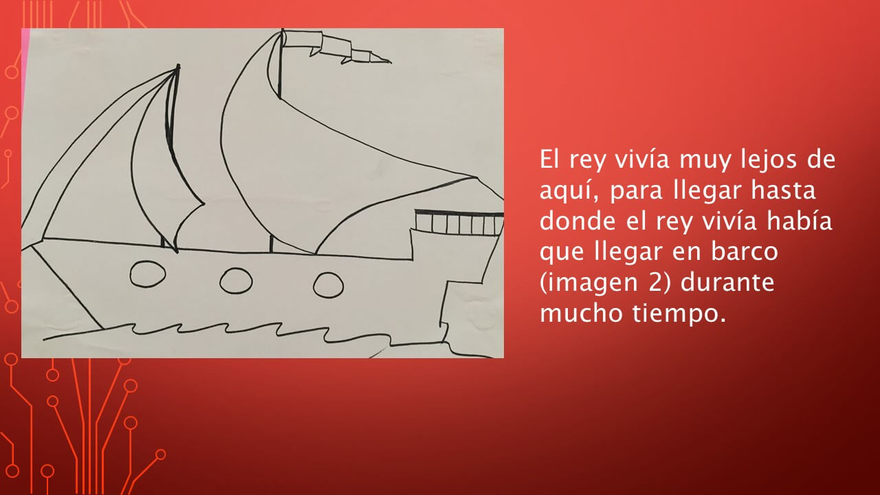 Dibujo simple en blanco y negro de un barco con velas grandes, una chimenea y varios ojos de buey, sobre un fondo rojo con texto al costado.