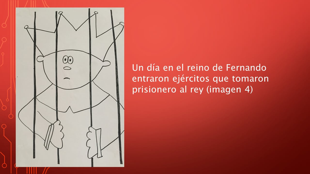Ilustración sencilla de una figura con corona vista detrás de barras verticales, con expresión seria, acompañada por texto en un fondo rojo.
