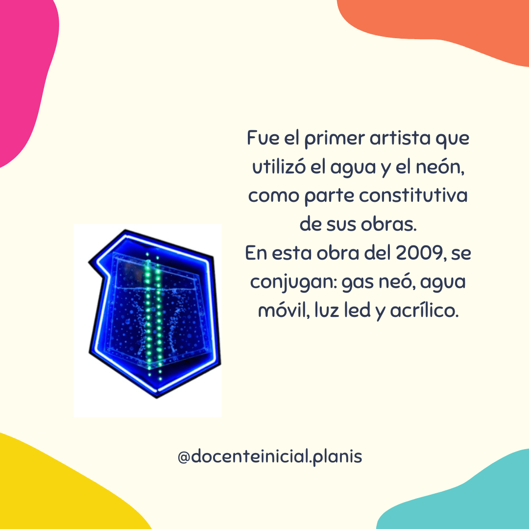 Gyula Kosice: agua, luz y neón en una obra Placa sobre Gyula Kosice con una obra azul luminosa y texto acerca del uso de agua, neón, luz y acrílico.