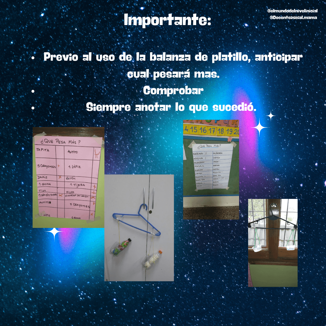 Recomendaciones para usar balanza de platillo en clase Placa con fondo espacial y el título “Importante”. Muestra varias indicaciones en viñetas y tres fotos pequeñas de actividades con objetos colgados, una tabla manuscrita y una balanza casera.