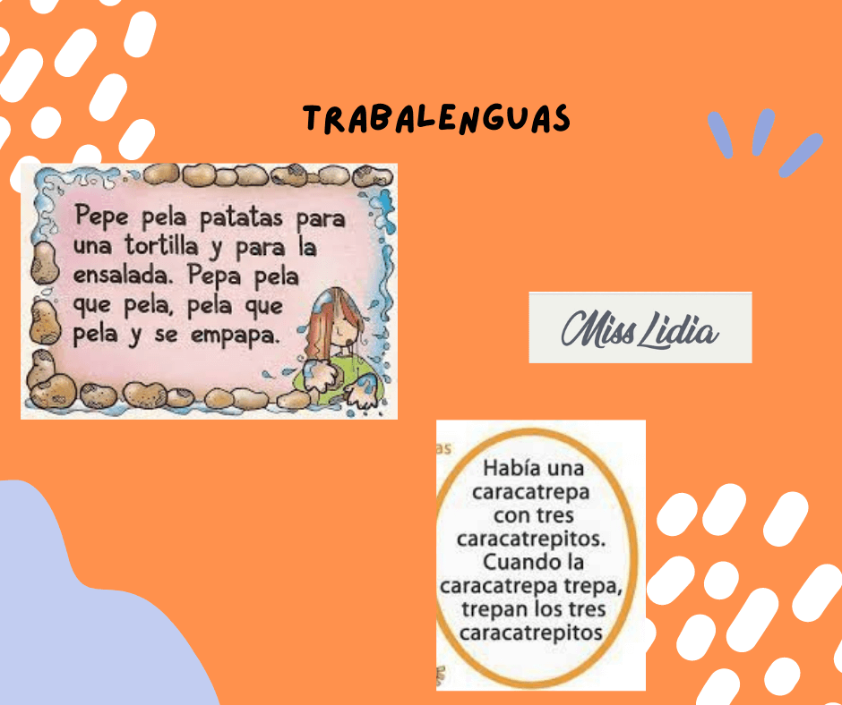 Trabalenguas para sala de 4 años Imagen de una placa titulada “Trabalenguas” con dos textos breves dentro de recuadros decorados: uno sobre Pepe y las patatas y otro sobre caracatrepas.