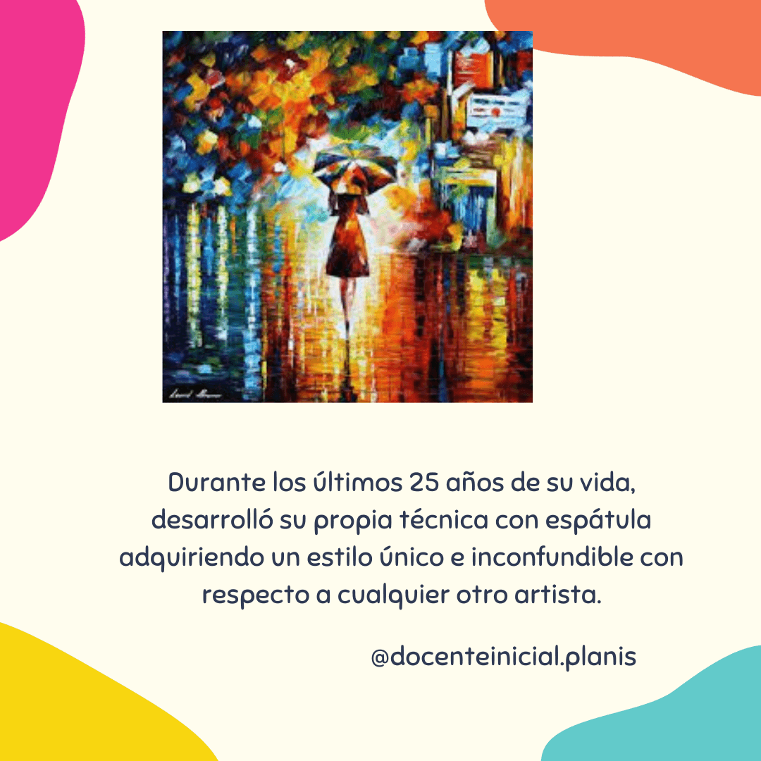 Figura con paraguas en una calle lluviosa y colorida Obra pictórica con una persona vista de espaldas bajo un paraguas multicolor, rodeada de luces, árboles y reflejos brillantes en el suelo mojado.