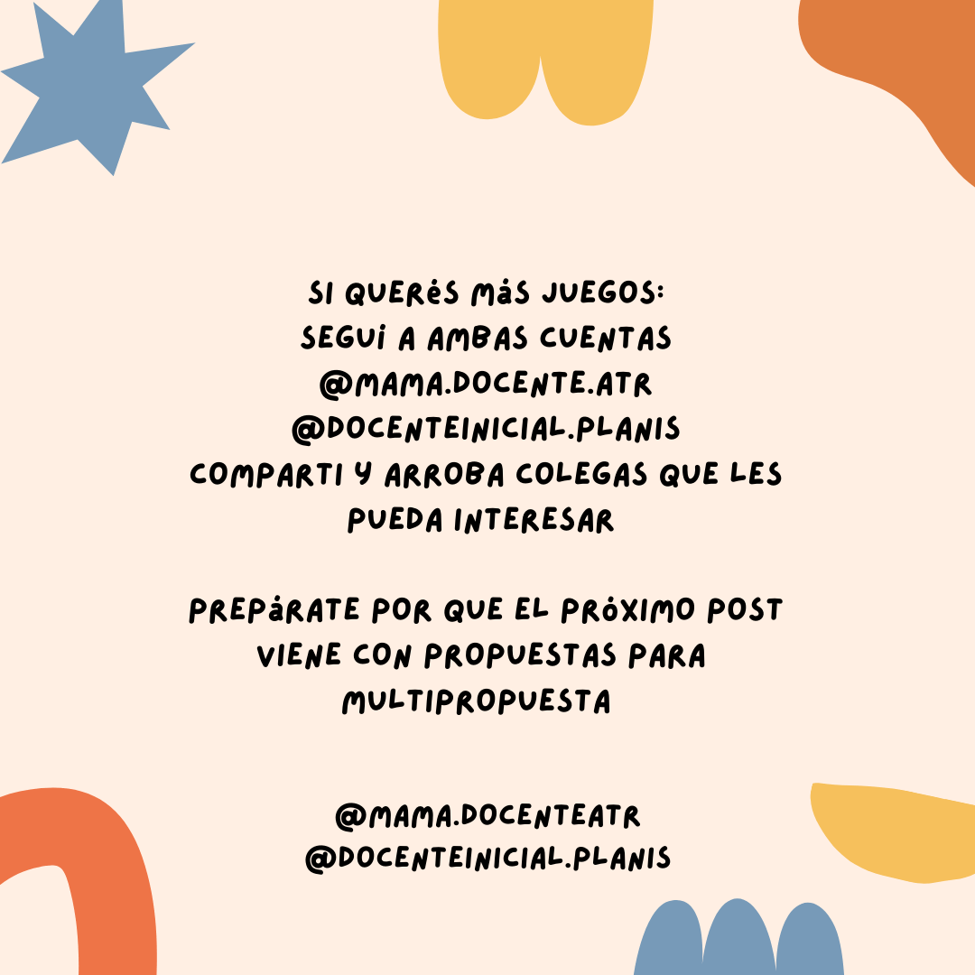 Placa final con invitación a seguir cuentas de juegos Placa con un mensaje para seguir dos cuentas y compartir la publicación, sobre fondo claro con formas decorativas de colores en los bordes.