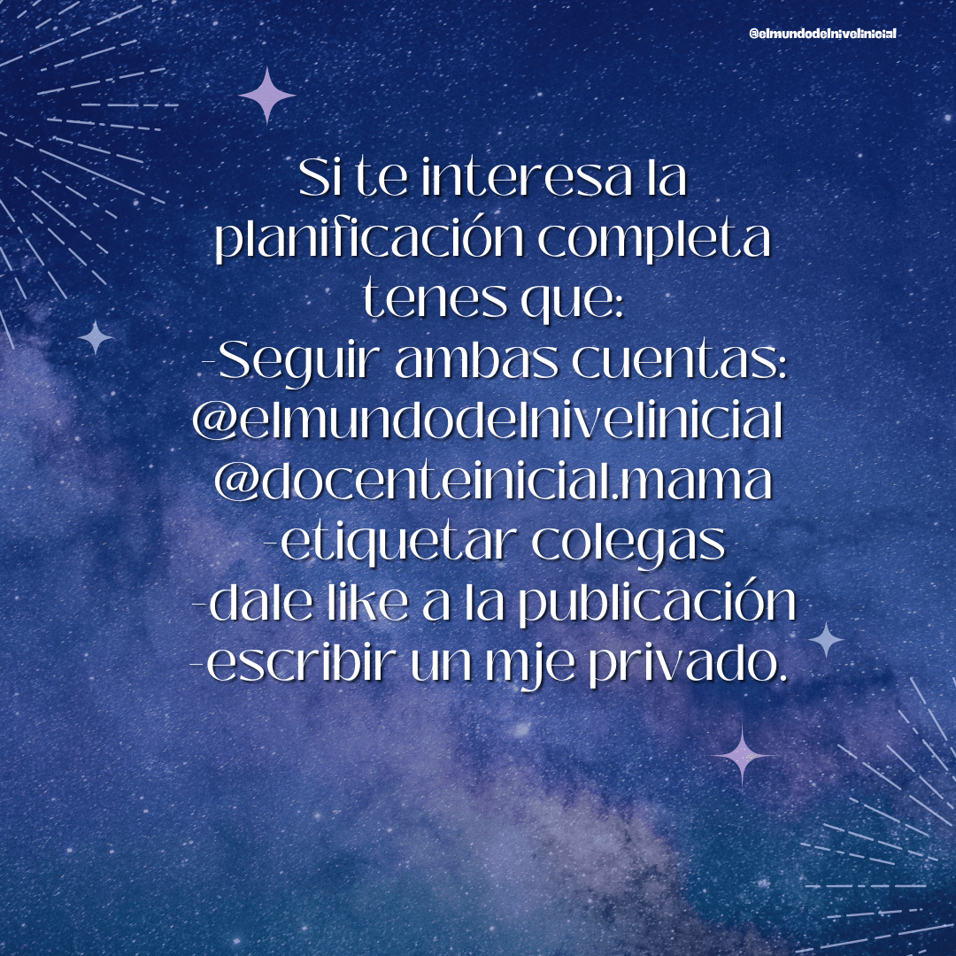Placa de invitación a pedir la planificación completa Placa con fondo azul estrellado y texto centrado que invita a seguir dos cuentas, etiquetar colegas, dar like y enviar un mensaje privado.