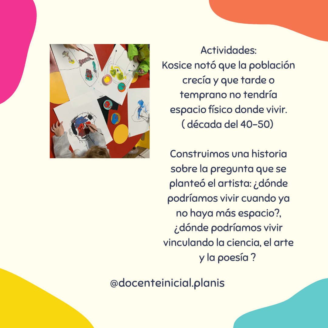 Placa de actividad sobre crecimiento de la población Placa con una foto de niños dibujando sobre hojas apoyadas en una mesa roja y texto que plantea dónde vivir si ya no hubiera espacio, vinculando ciencia, arte y poesía.