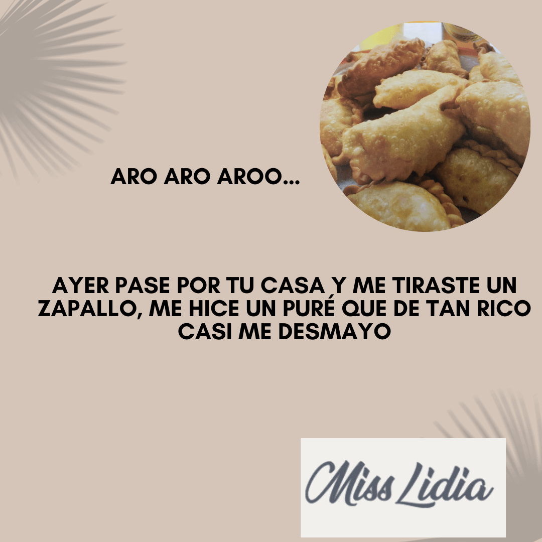 Relaciones gauchescas: la copla del zapallo Diseño beige con una foto circular de varias masas fritas doradas apiladas. El texto dice “Aro aro aroo…” y una frase humorística sobre pasar por una casa, recibir un zapallo y hacer puré.