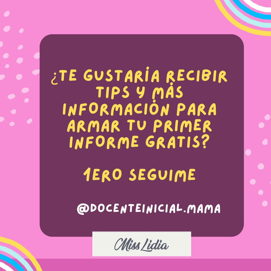 Placa rosa con recuadro violeta que pregunta si se quieren recibir tips e información para armar el primer informe gratis, con el usuario de la autora.