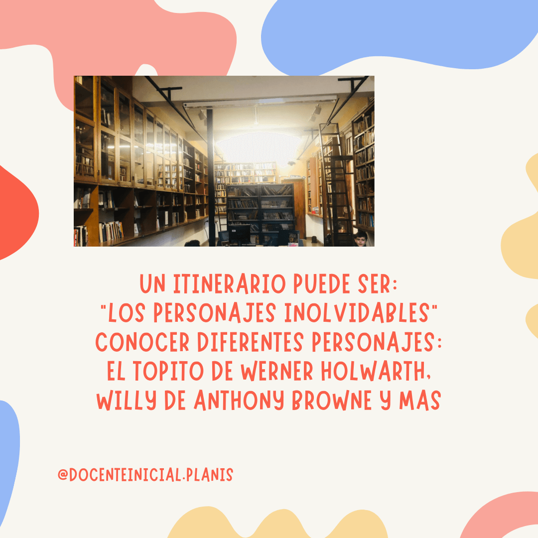 Itinerario de personajes inolvidables Interior de una biblioteca con estanterías altas llenas de libros y una mesa al centro. Debajo aparece un texto sobre itinerarios literarios y personajes de Werner Holzwarth y Anthony Browne.