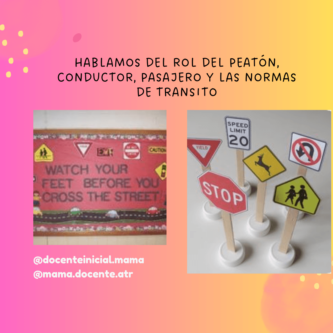 Normas de tránsito con carteles y señales en miniatura Dos imágenes de material didáctico sobre tránsito: un cartel con mensaje para cruzar la calle y varias señales viales montadas en palitos sobre una superficie blanca.