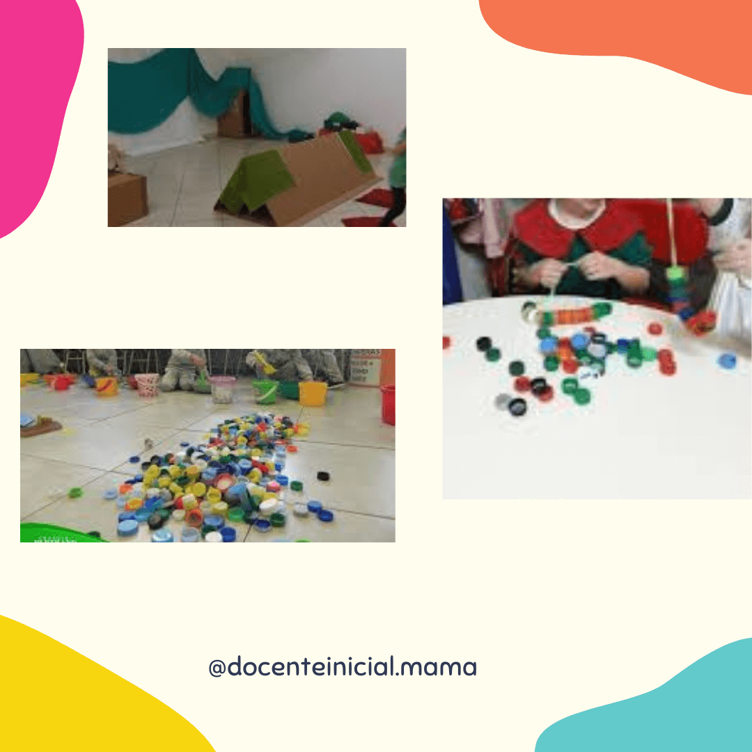 Collage con tres imágenes de espacios de juego: una zona con cartones y una carpa pequeña, una mesa con tapitas de colores y un piso cubierto de materiales reutilizados con niños alrededor.