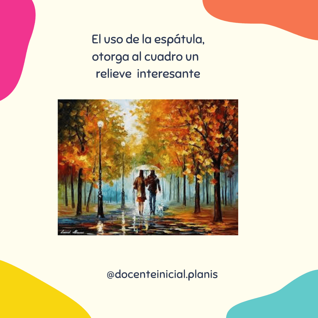 Pareja caminando entre árboles en un parque de otoño Pintura de una pareja bajo un paraguas avanzando por un parque con árboles anaranjados, sendero húmedo y reflejos de luz en el pavimento.