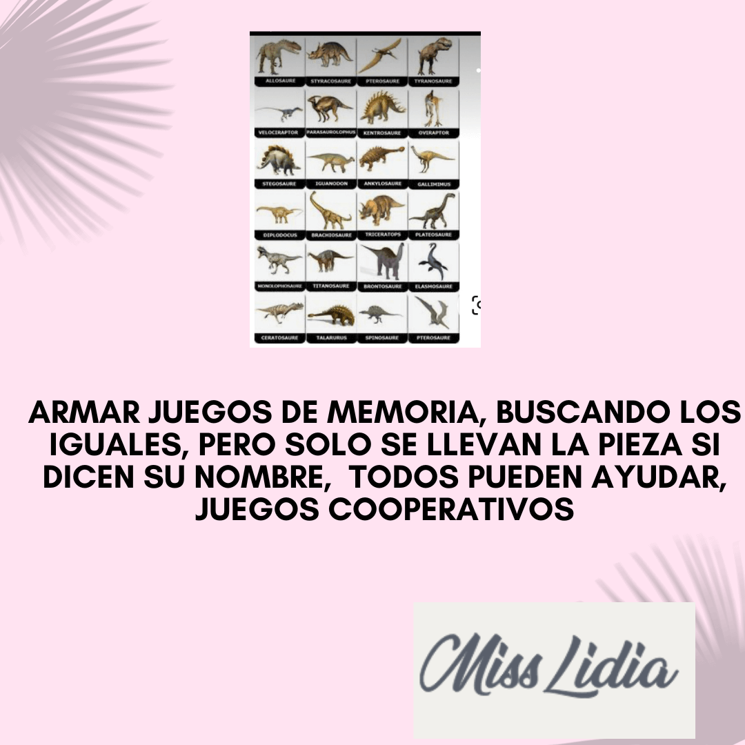 Lámina con varios dinosaurios para juego de memoria Una grilla muestra imágenes de distintos dinosaurios, cada uno con su nombre debajo. Es una tabla visual pensada para reconocer y comparar especies.