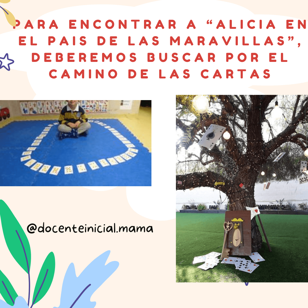 Cartas de juego y un árbol ambientado para el recorrido de Alicia Placa con dos fotografías: un niño sentado dentro de un círculo de cartas sobre una alfombra y un árbol decorado con cartas grandes, con una entrada de cartón al pie.