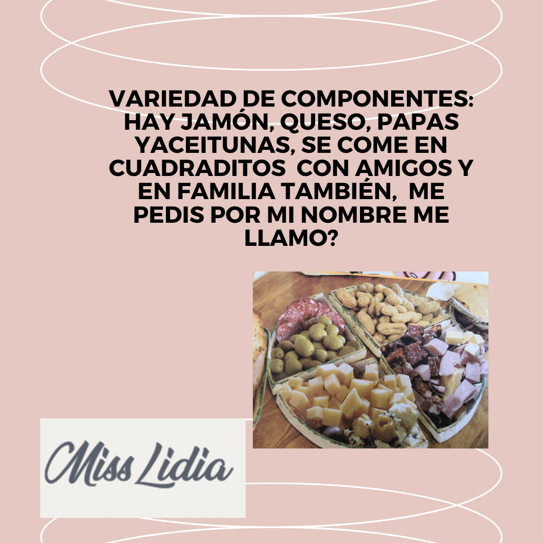 Adivinanza de la picada para el Día de la Tradición Placa con una fotografía de una tabla de picada y una adivinanza sobre los alimentos compartidos con familia y amigos.