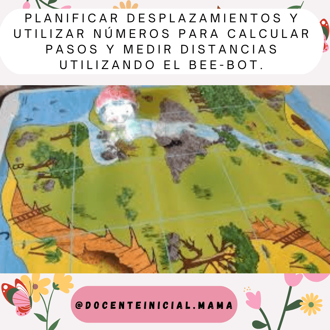 Se ve una superficie con un mapa de colores y caminos marcados por cuadrículas. En la parte superior aparece un texto sobre planificar desplazamientos y usar números con Bee-Bot.