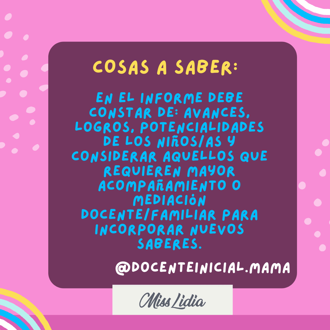 Placa rosa con recuadro violeta titulada “Cosas a saber” y texto sobre avances, logros, potencialidades y acompañamiento docente o familiar.
