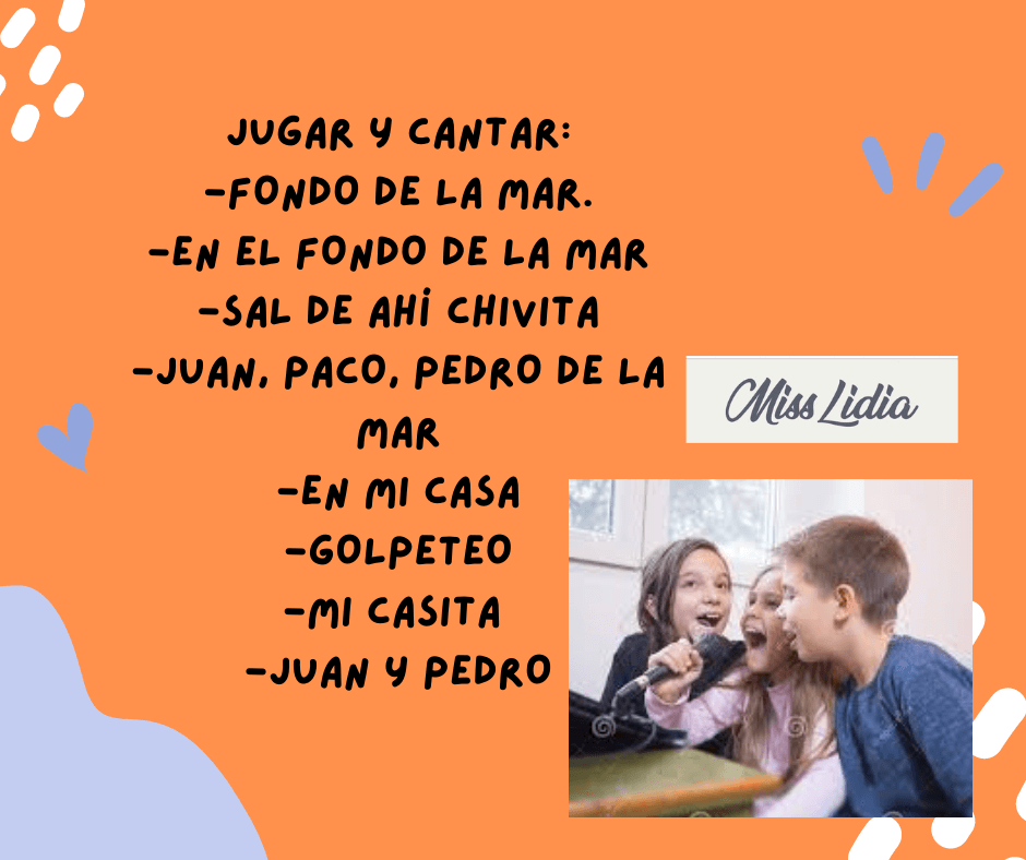 Canciones y rimas para jugar en sala de 4 Imagen con una lista de canciones o rimas infantiles en texto negro sobre fondo naranja y una foto de tres niños cantando juntos con un micrófono.