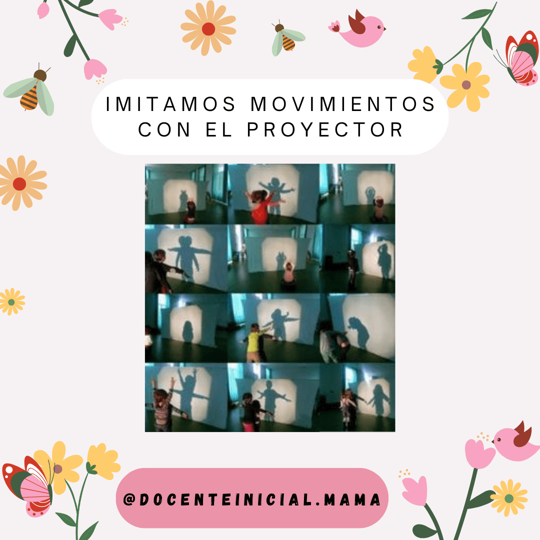 Juego de sombras con proyector para imitar insectos Placa con varias fotos pequeñas de niñas y niños proyectando sus sombras en una pared mientras estiran los brazos y cambian de postura en una sala interior.