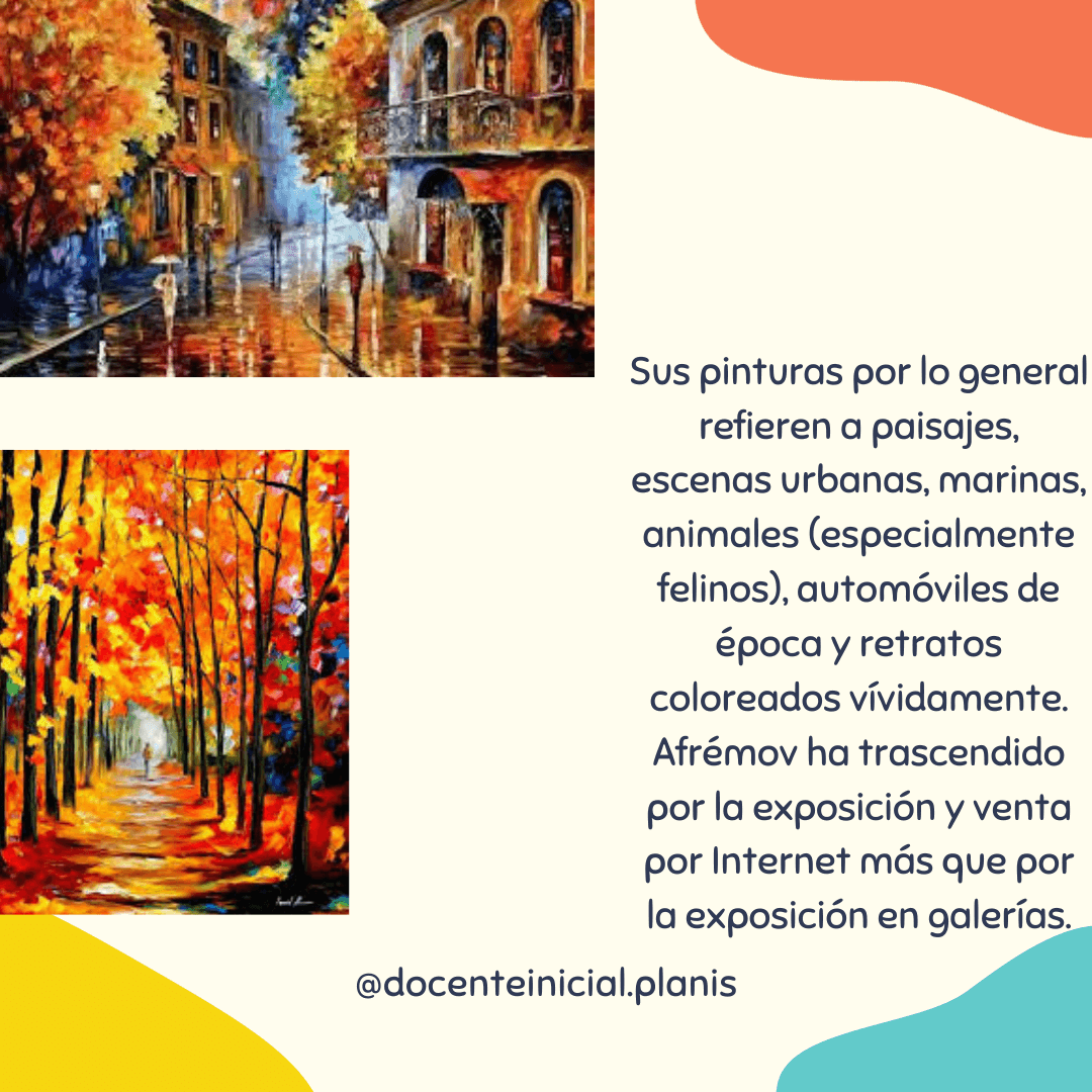 Calle con edificios, árboles otoñales y dos escenas pintadas Composición con dos pinturas de calles y árboles en tonos otoñales junto a un bloque de texto que menciona paisajes, escenas urbanas y marinas.