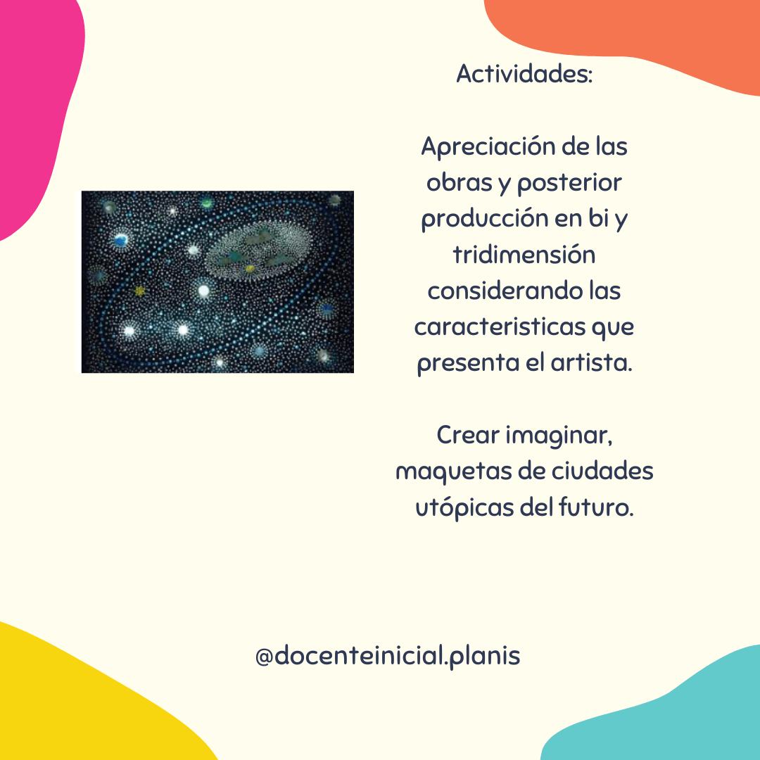 Placa con obra estrellada y propuesta de producción Placa con una imagen de una obra oscura llena de puntos luminosos y texto sobre apreciar obras y crear producciones en bi y tridimensión.