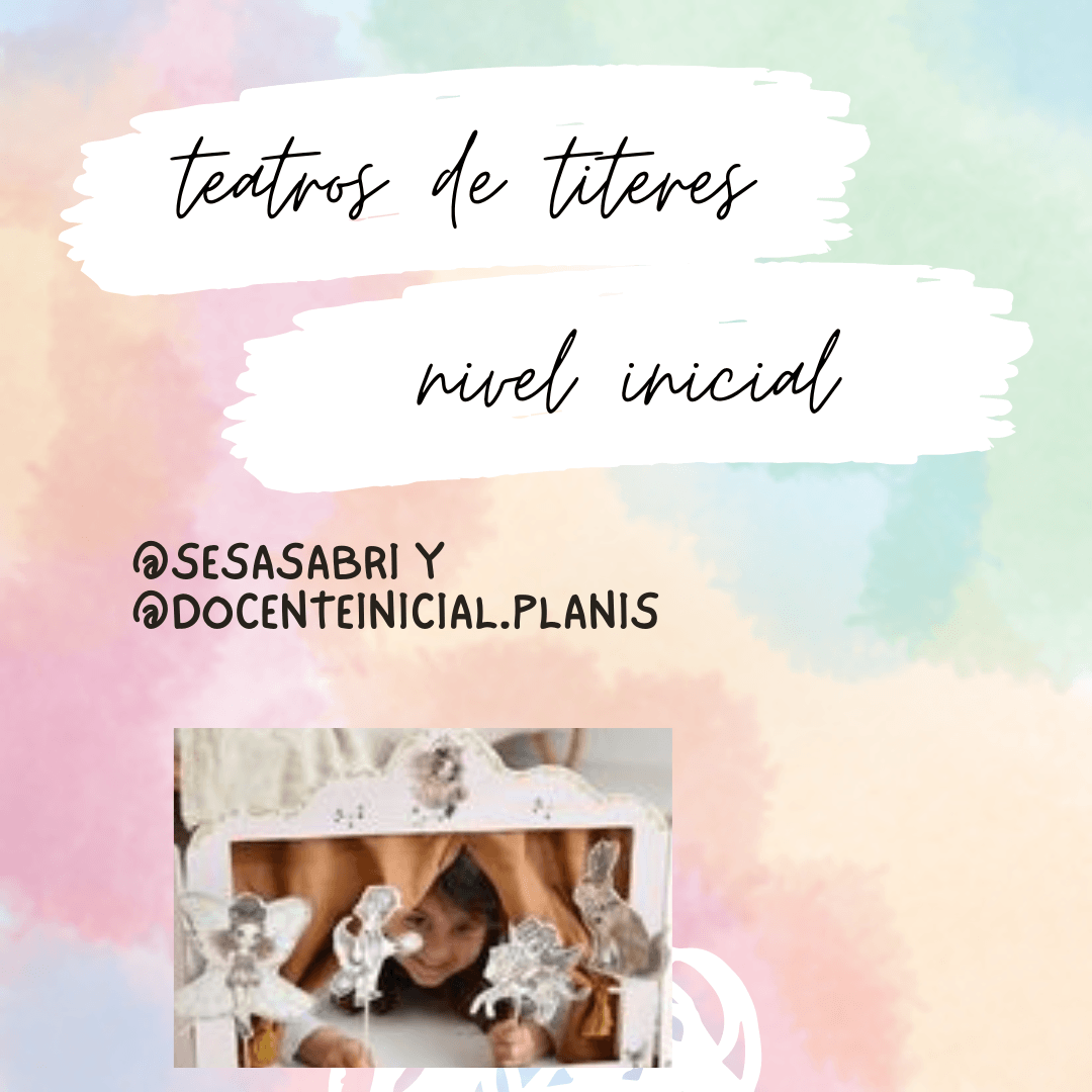 Teatros de títeres para el nivel inicial Placa de presentación con un pequeño teatro de títeres blanco y personajes de tela.