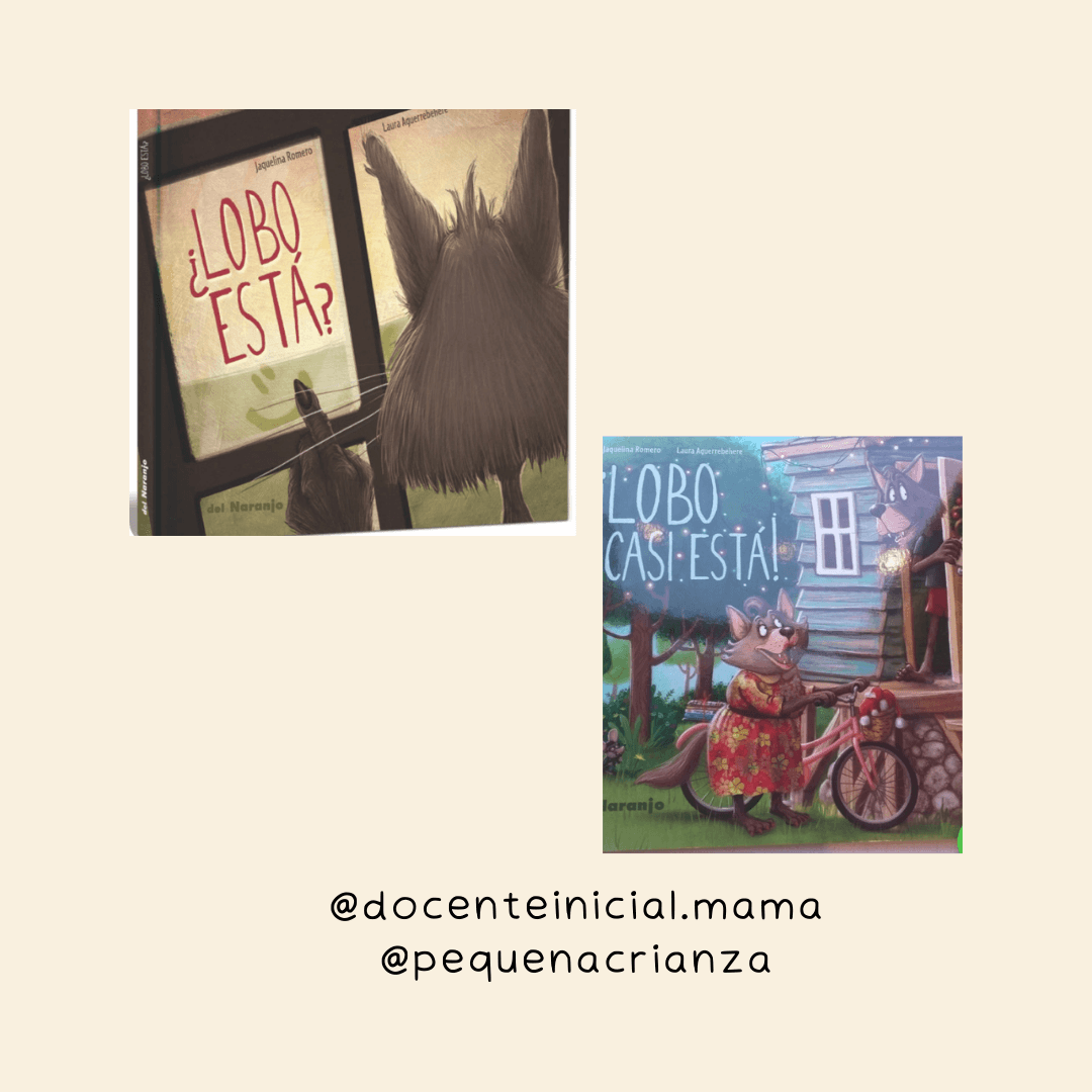 Portadas de ¿Lobo está? y ¡Lobo casi está! Dos portadas ilustradas de la serie de cuentos de lobos: una figura a contraluz en una ventana y un lobo junto a una bicicleta y una casa.