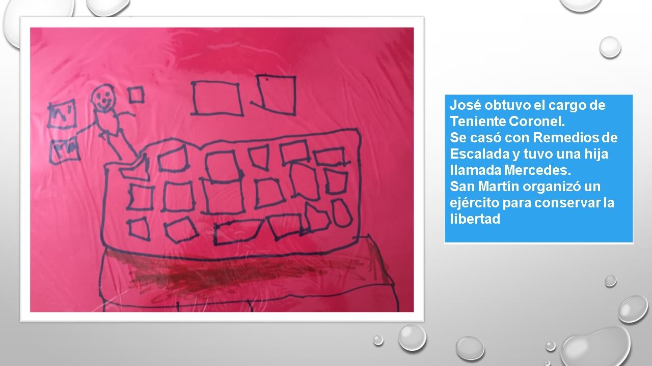 Dibujo infantil sobre fondo rosa acompañado por un fragmento del relato sobre San Martín, su familia y su trayectoria.