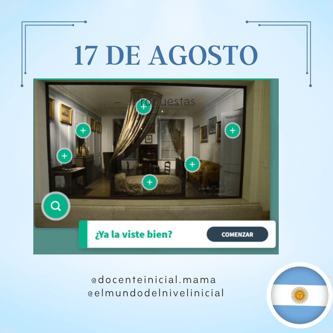 Afiche celeste con el título “17 de agosto” y una imagen central de una habitación vista a través de una pantalla interactiva, con varios íconos de suma y una barra que dice “¿Ya la viste bien?”.