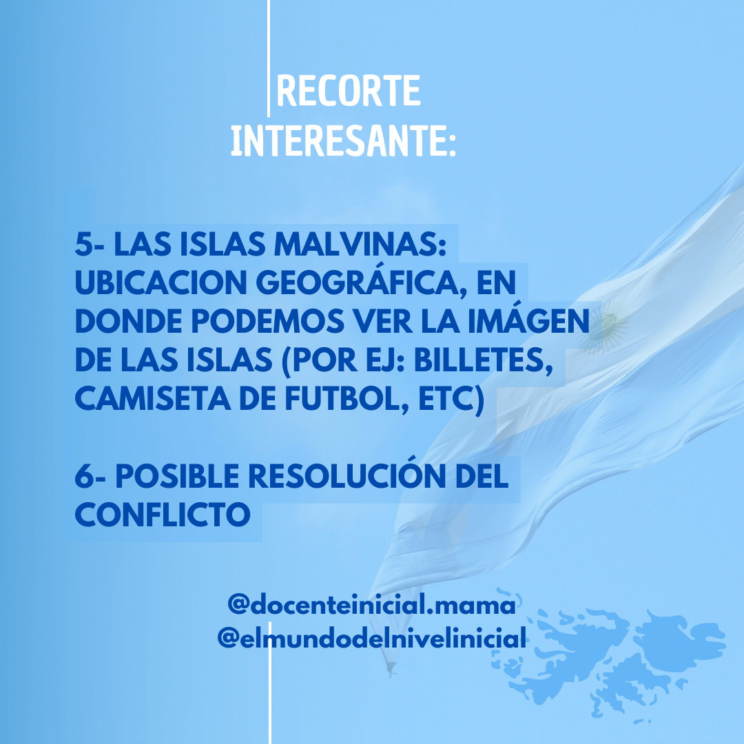 Diapositiva sobre las islas Malvinas y posibles recortes para clase Diapositiva celeste con el título 'Recorte interesante' y texto sobre las islas Malvinas, su ubicación geográfica y posibles recortes, con una bandera argentina al fondo.