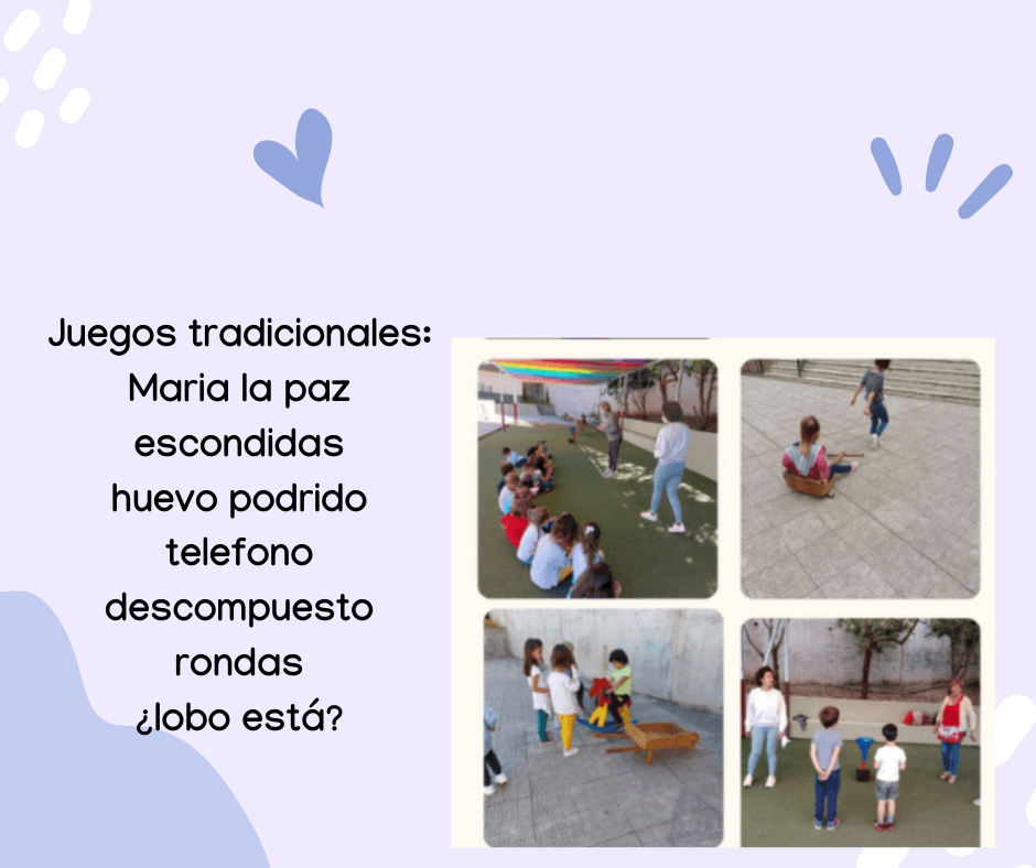 Juegos tradicionales para sala de 3 Collage con el texto “Juegos tradicionales” y varias fotos de niñas y niños jugando en un patio o espacio al aire libre, con actividades como rondas, sillas y juegos de imitación.