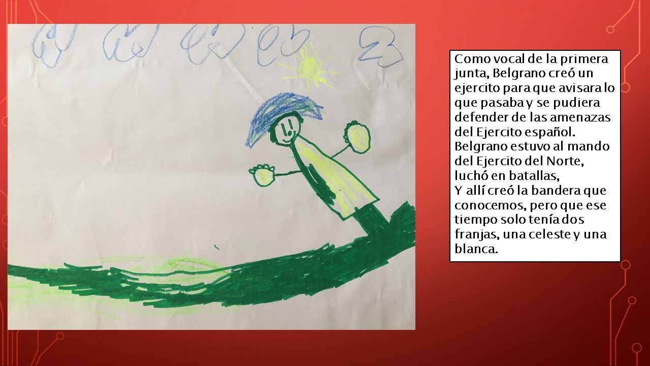 Dibujo infantil de una figura con sombrero azul, brazos abiertos y fondo de cielo claro; abajo se ve una franja verde ondulada y a la derecha un recuadro con texto sobre Belgrano y su ejército.