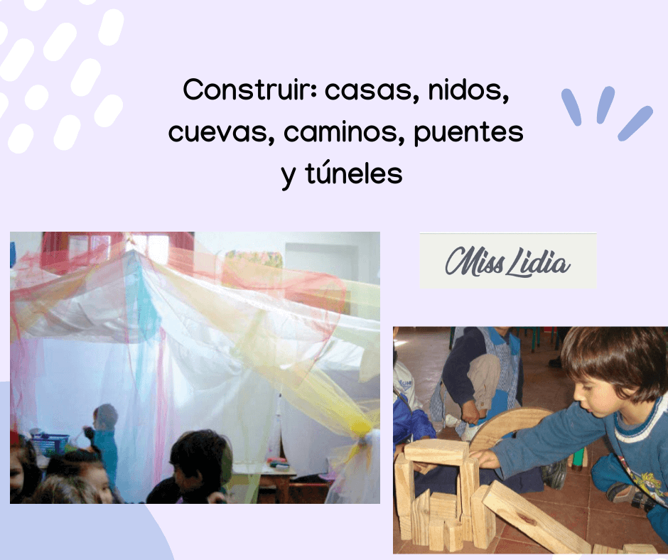Construir casas, nidos y túneles Collage con el texto sobre construir casas, nidos y túneles, con una estructura de telas colgantes y un niño armando una construcción con bloques de madera.