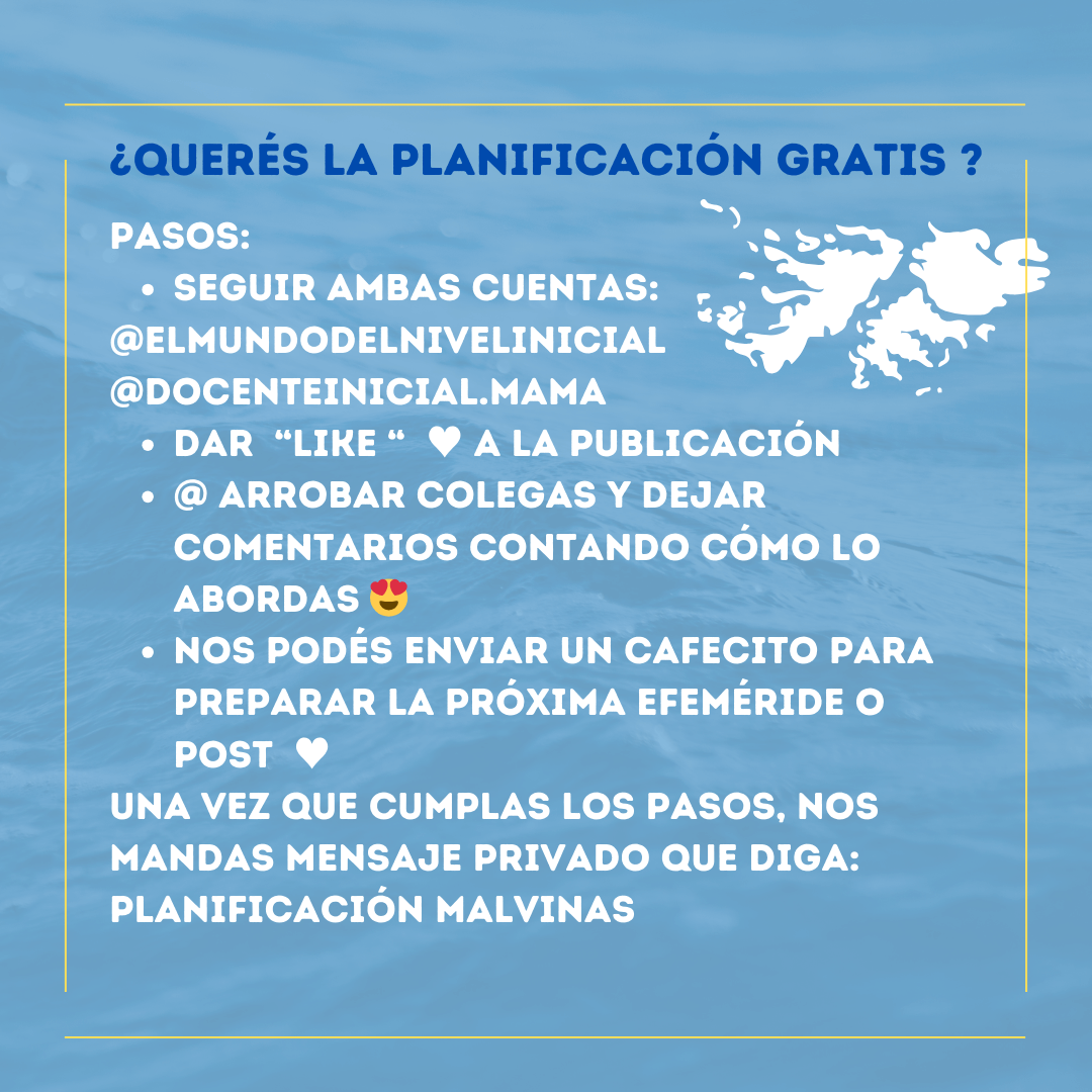 Diapositiva con pasos para pedir una planificación gratis sobre Malvinas Diapositiva azul con un mapa de las islas a la derecha y una lista de pasos para seguir cuentas, dejar un me gusta y comentar para pedir una planificación gratis.
