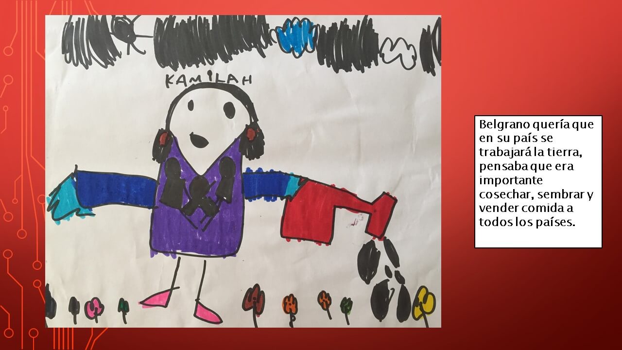 Dibujo infantil de una figura con ropa de colores, brazos abiertos y flores pequeñas alineadas en la parte inferior; a la derecha hay un recuadro con texto sobre Belgrano y la tierra.