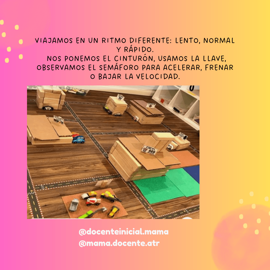 Circuito de tránsito con autos de juguete sobre una maqueta Maqueta de un circuito vial hecha con cartón y caminos marcados, con autos de juguete distribuidos sobre una mesa de madera y texto explicativo arriba.