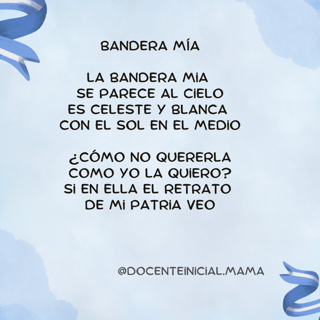 Tarjeta con texto poético que compara la bandera con el cielo, el sol y la patria, sobre fondo celeste con detalles de cintas argentinas.