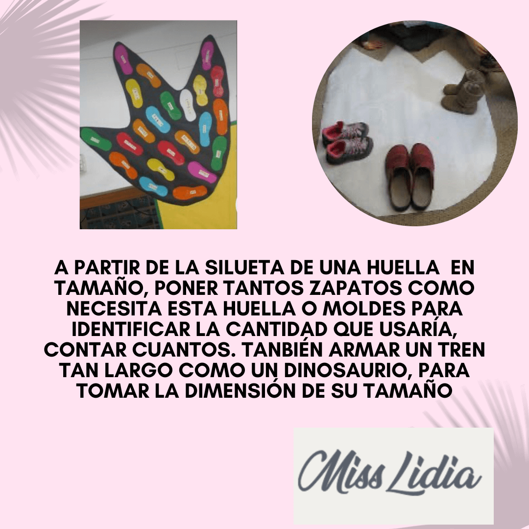 Actividad de huellas con siluetas de pies y zapatos Dos composiciones muestran una gran silueta de huella cubierta con pequeños íconos de zapatos y, en otra imagen, calzados colocados sobre una forma blanca en el piso.