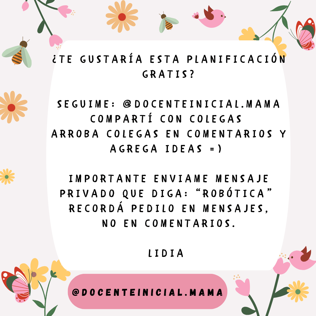 Una placa con fondo decorado por flores, abejas y pájaros muestra un mensaje de seguimiento y una referencia a pedir una planificación por mensaje privado. Abajo figura la firma Lidia.
