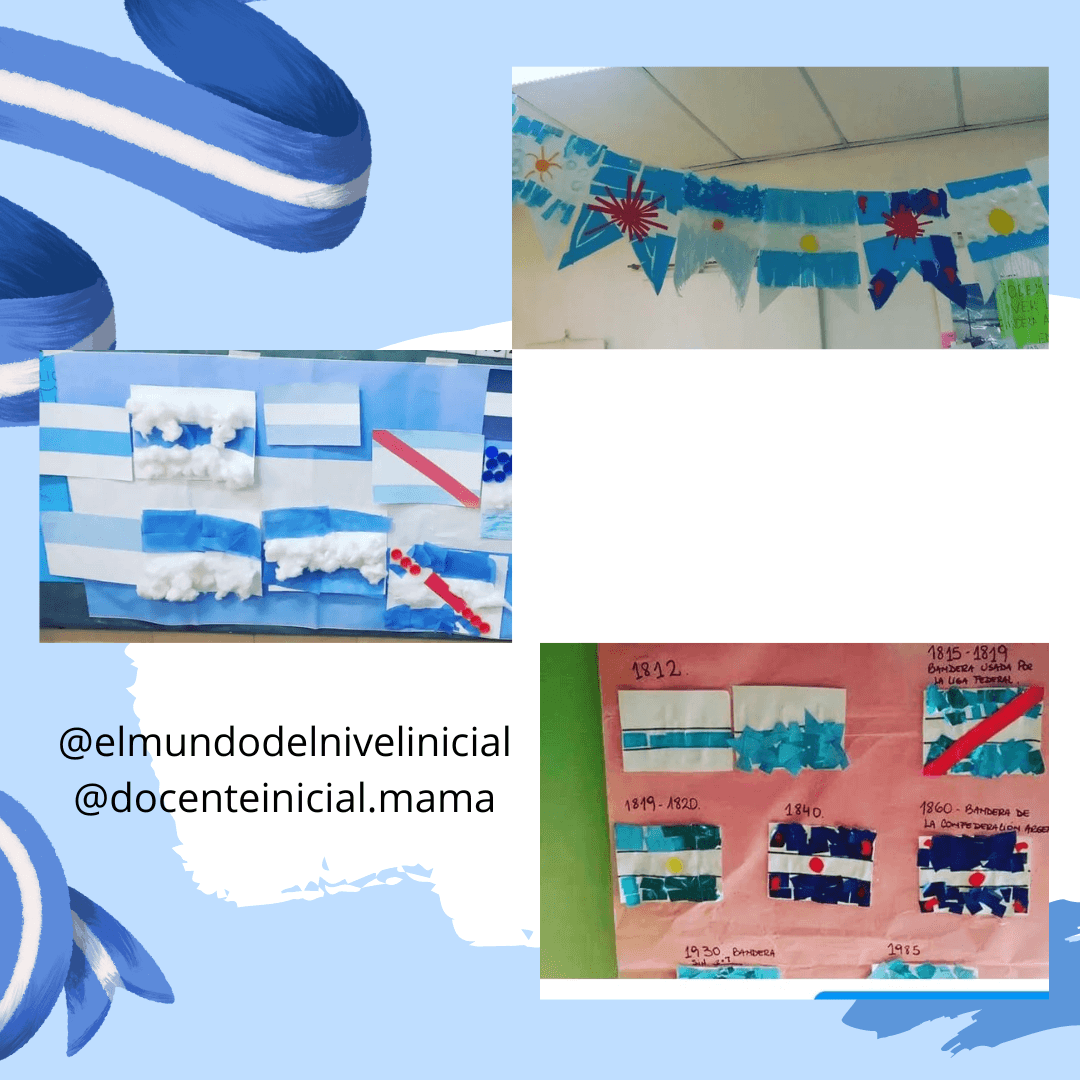 Collage de manualidades y afiches sobre banderas argentinas Composición con varias fotos de trabajos escolares: guirnaldas celestes y blancas, paneles con banderas hechas en papel y un afiche con distintas versiones históricas de la bandera.