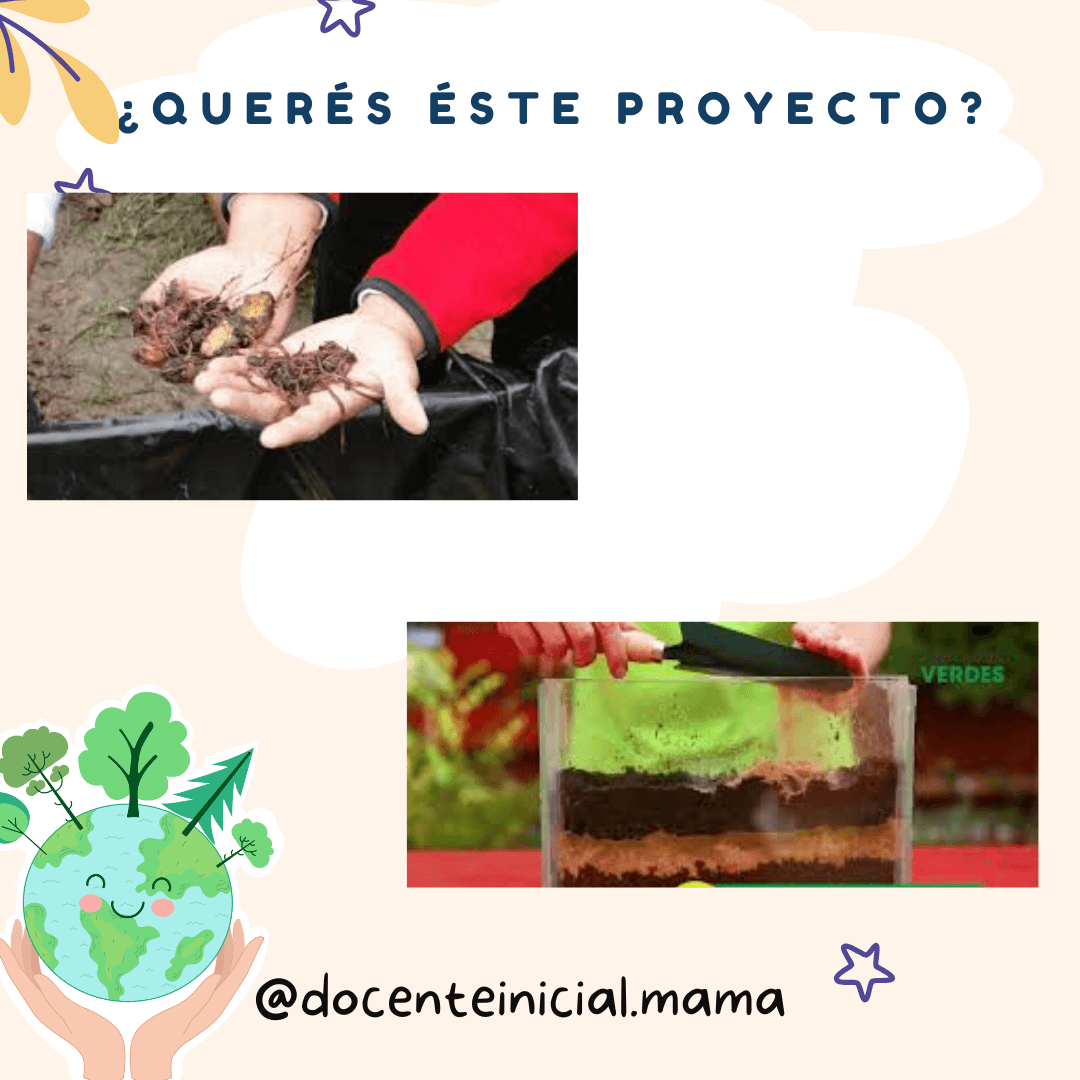 Se ven manos con lombrices y restos de tierra, y otra imagen de una bandeja o recipiente con capas de material oscuro y claro, en un diseño escolar decorado.