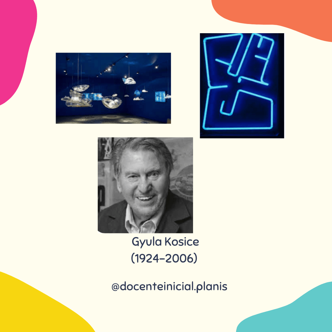 Placa con sala azul, neón y retrato de Gyula Kosice Placa con tres imágenes: una sala oscura con piezas suspendidas, un letrero de neón azul y un retrato de Gyula Kosice con su nombre y fechas debajo.