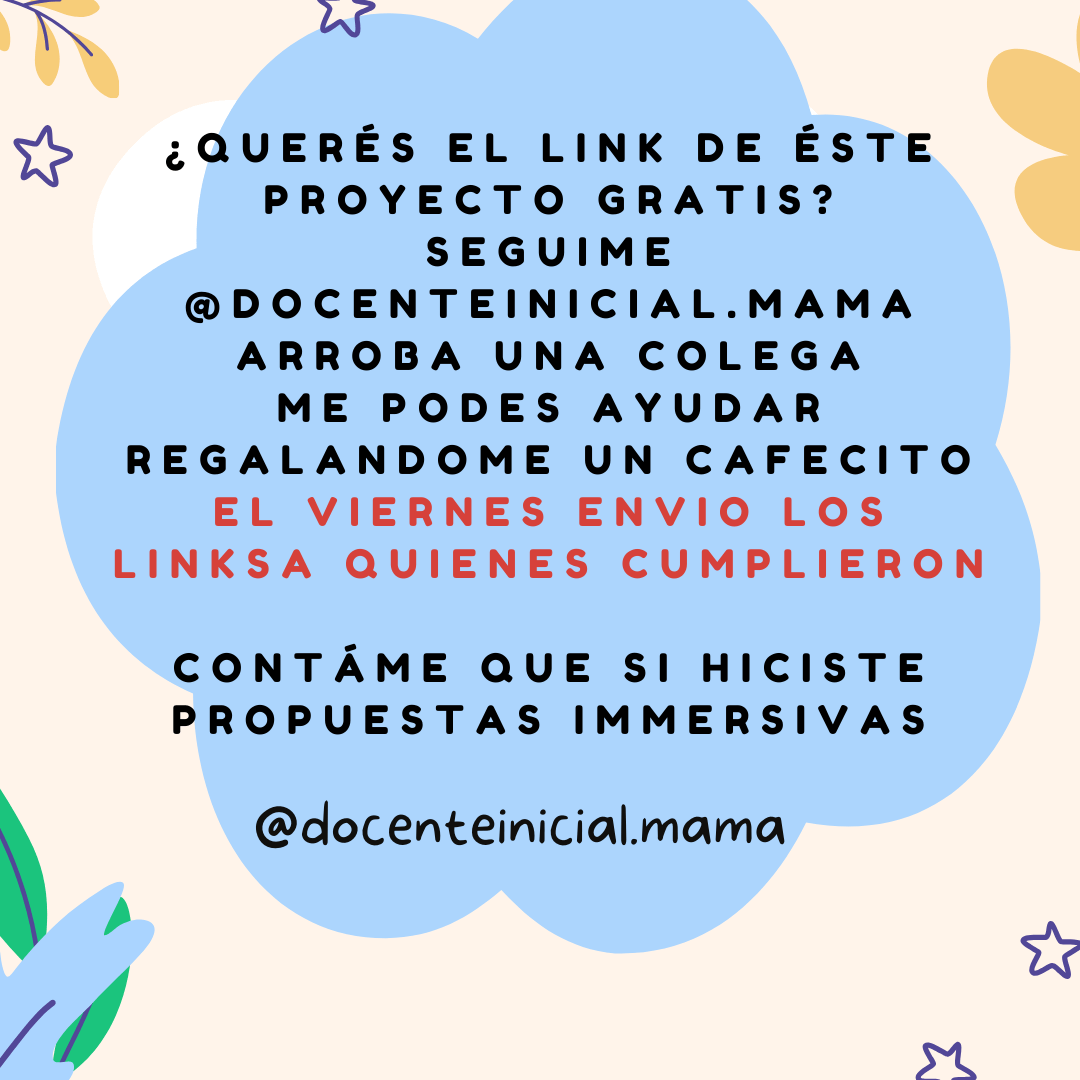 Placa para solicitar el proyecto de cuentos inmersivos Placa que invita a seguir la cuenta docente, compartir con colegas y enviar un mensaje para recibir el proyecto, sobre un fondo con estrellas y personajes de cuentos.