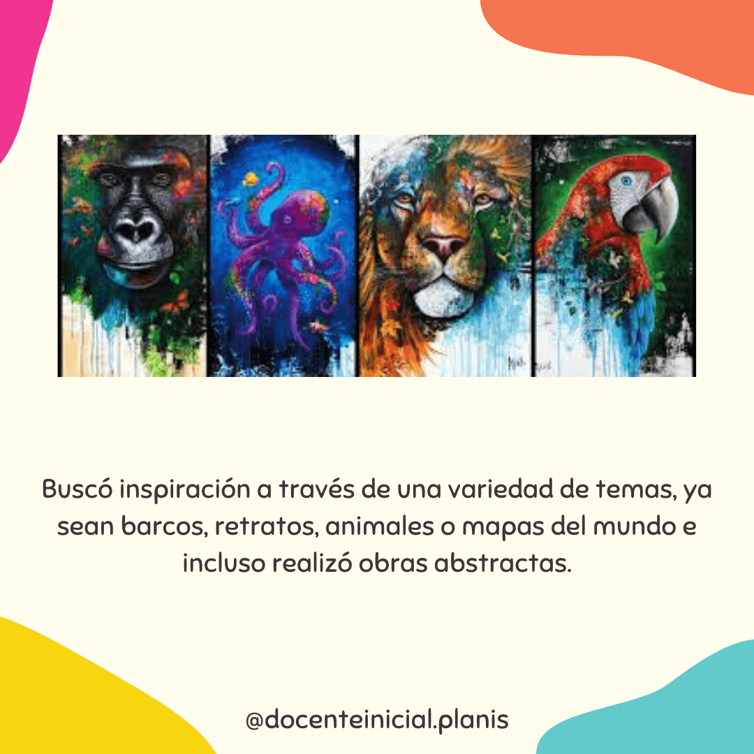 Una composición muestra cuatro obras verticales con un gorila, un pulpo, un león y un loro, todas pintadas con colores vivos y fondo oscuro o azul.