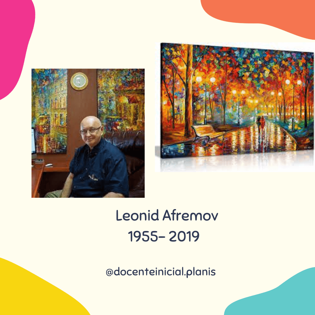 Retrato de Leonid Afremov junto a una pintura colorida Composición con una foto de un hombre sentado en un estudio y, a su lado, una pintura de un paseo arbolado con luces y reflejos intensos.