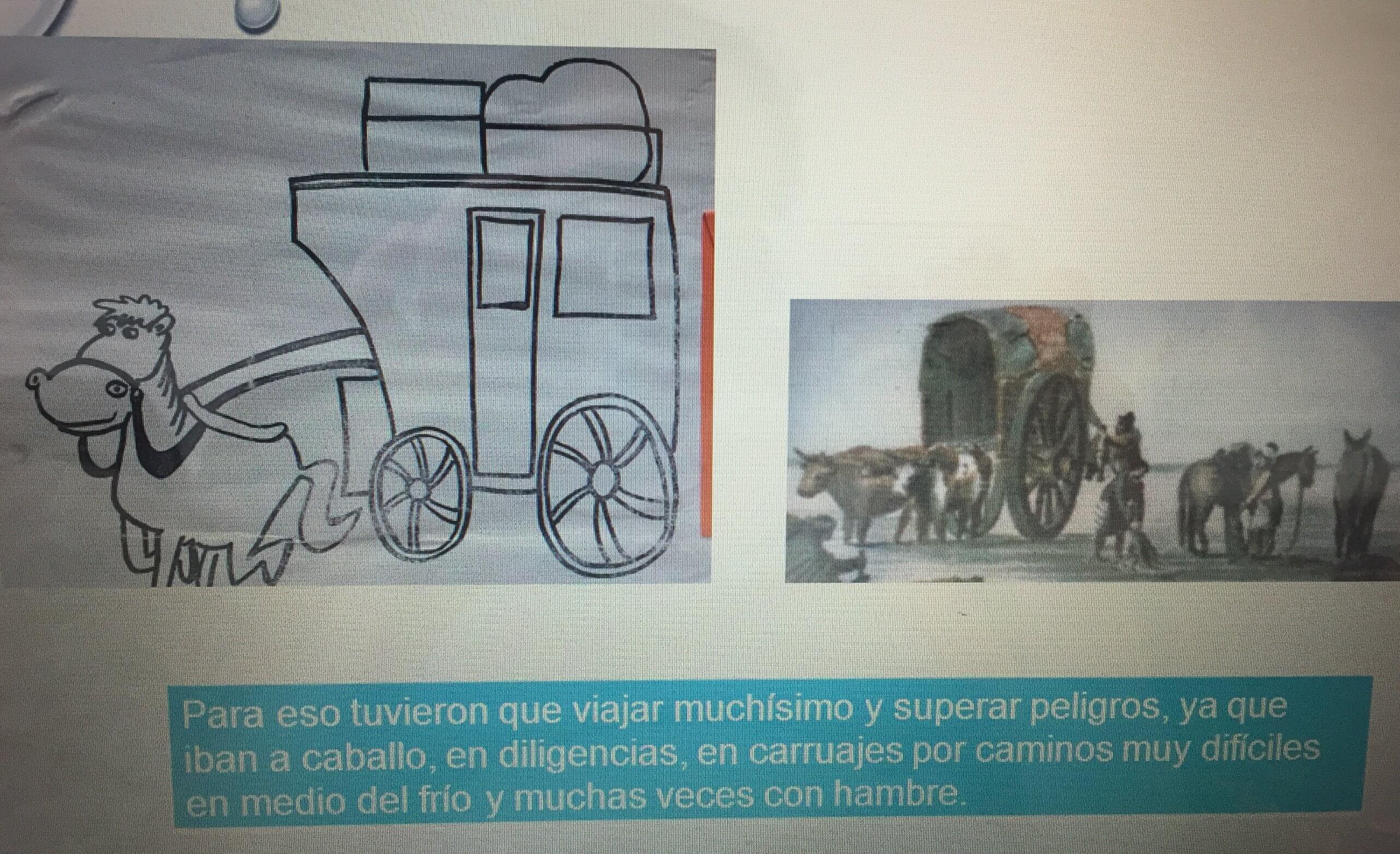 A la izquierda se ve un dibujo de un caballo tirando de una carreta con cajas arriba. A la derecha aparece una escena pequeña con animales y un carro en un paisaje llano.
