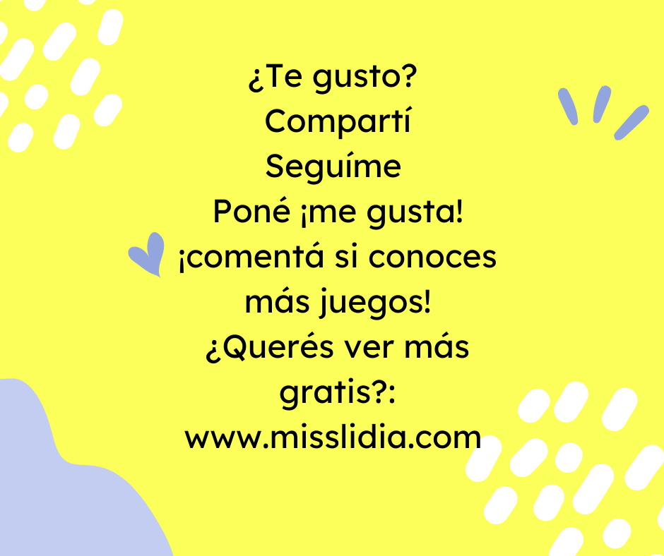 Compartir juegos para sala de 5 Pantalla amarilla con un texto centrado que invita a compartir, seguir, comentar y visitar una página web para ver más juegos gratis.
