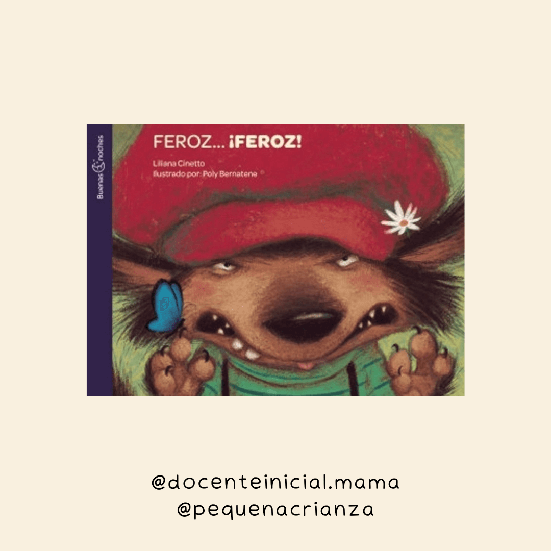 Portada del libro Feroz… ¡feroz! de Liliana Cinetto Fotografía de la portada de Feroz… ¡feroz!, de Liliana Cinetto, con un lobo que sostiene una flor blanca y un fondo rojo.