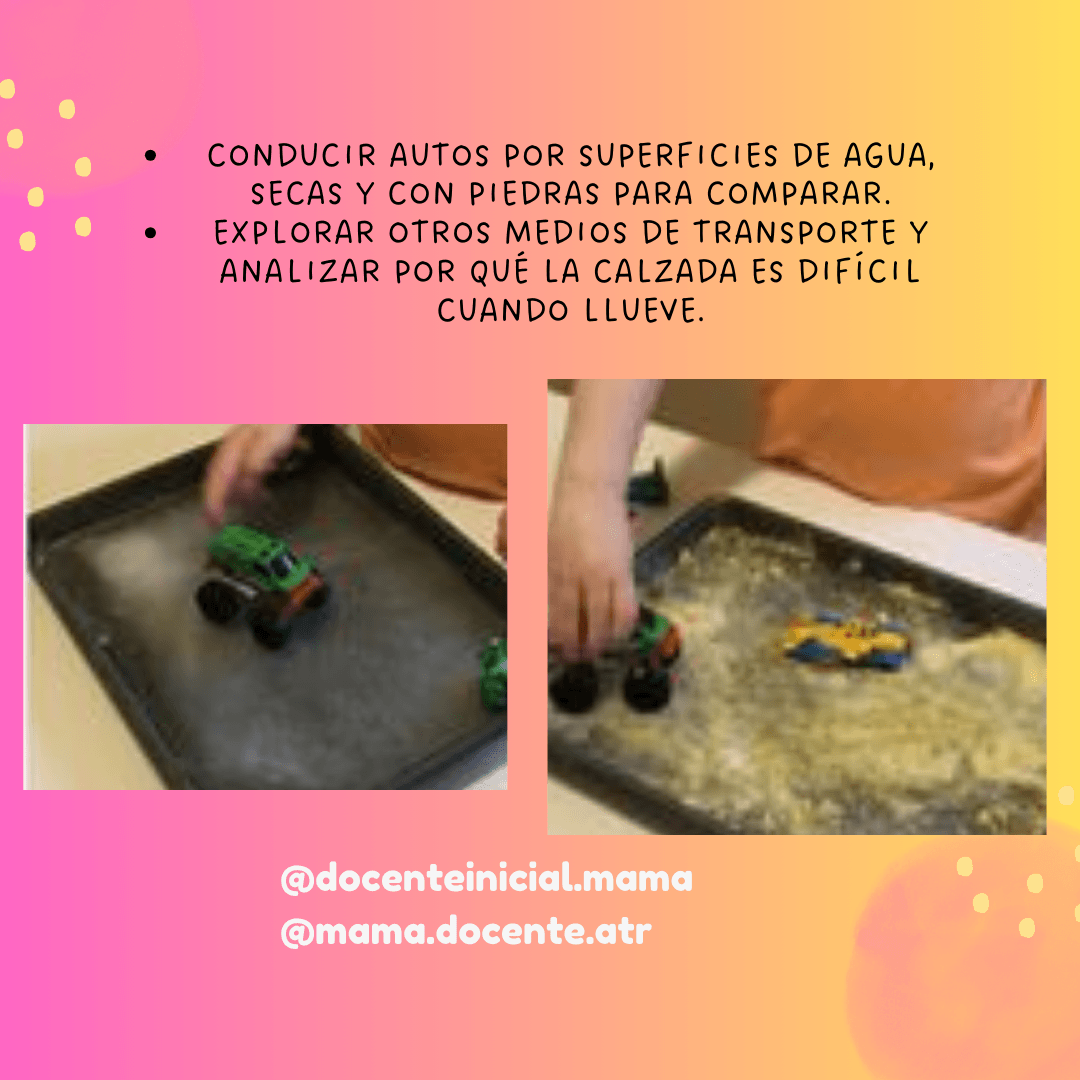 Experimento con autos sobre superficies secas y con agua Dos bandejas con autos de juguete: una con superficie lisa oscura y otra con material irregular y húmedo, mientras una mano mueve los vehículos para comparar.