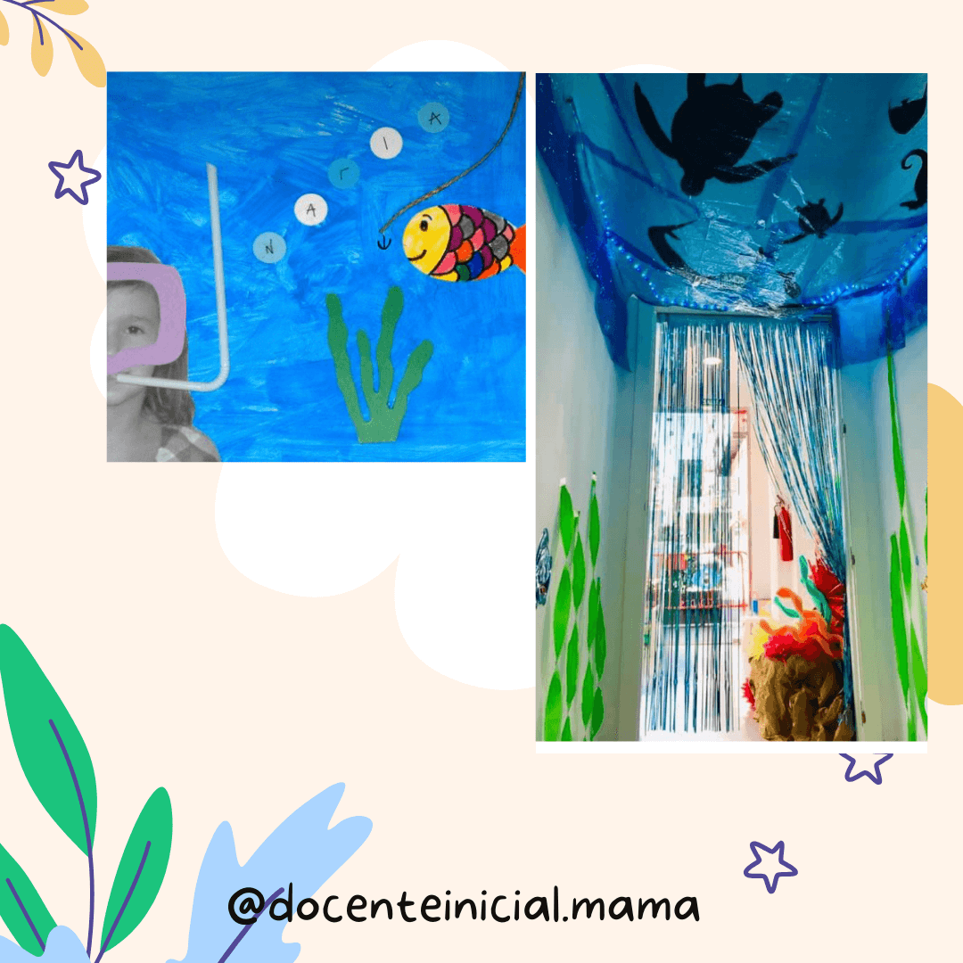 Montaje de aula con decoraciones de fondo marino Montaje con dos fotos de un aula decorada como fondo marino: un mural azul con un pez y una entrada cubierta con cintas azules y figuras colgantes.